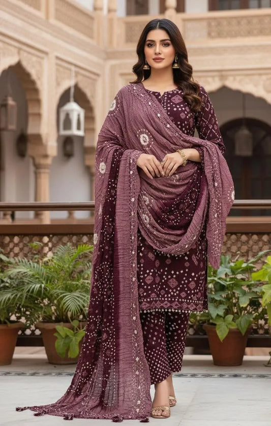 Maroon Printed 3-Piece Linen Suit for Women