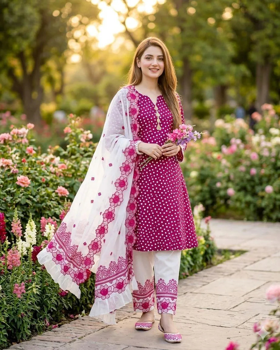 Pakistani Women's Pink Floral Kurta Pajama Set with White Dupatta