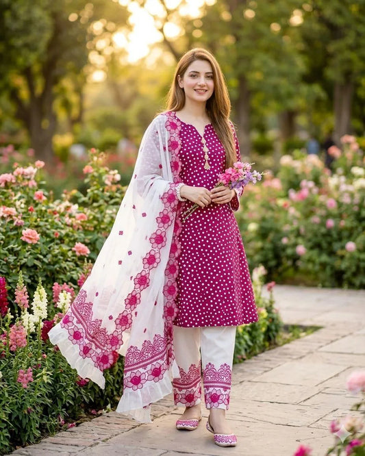 Pakistani Women's Pink Floral Kurta Pajama Set with White Dupatta