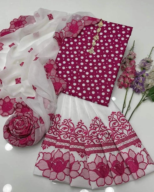 Pakistani Women's Pink Floral Kurta Pajama Set with White Dupatta