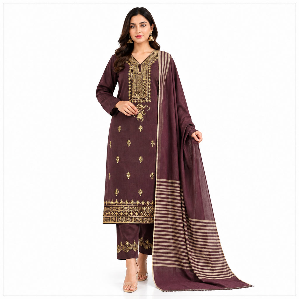 3 Pcs Women's Unstitched Sequins Embroidered Suit