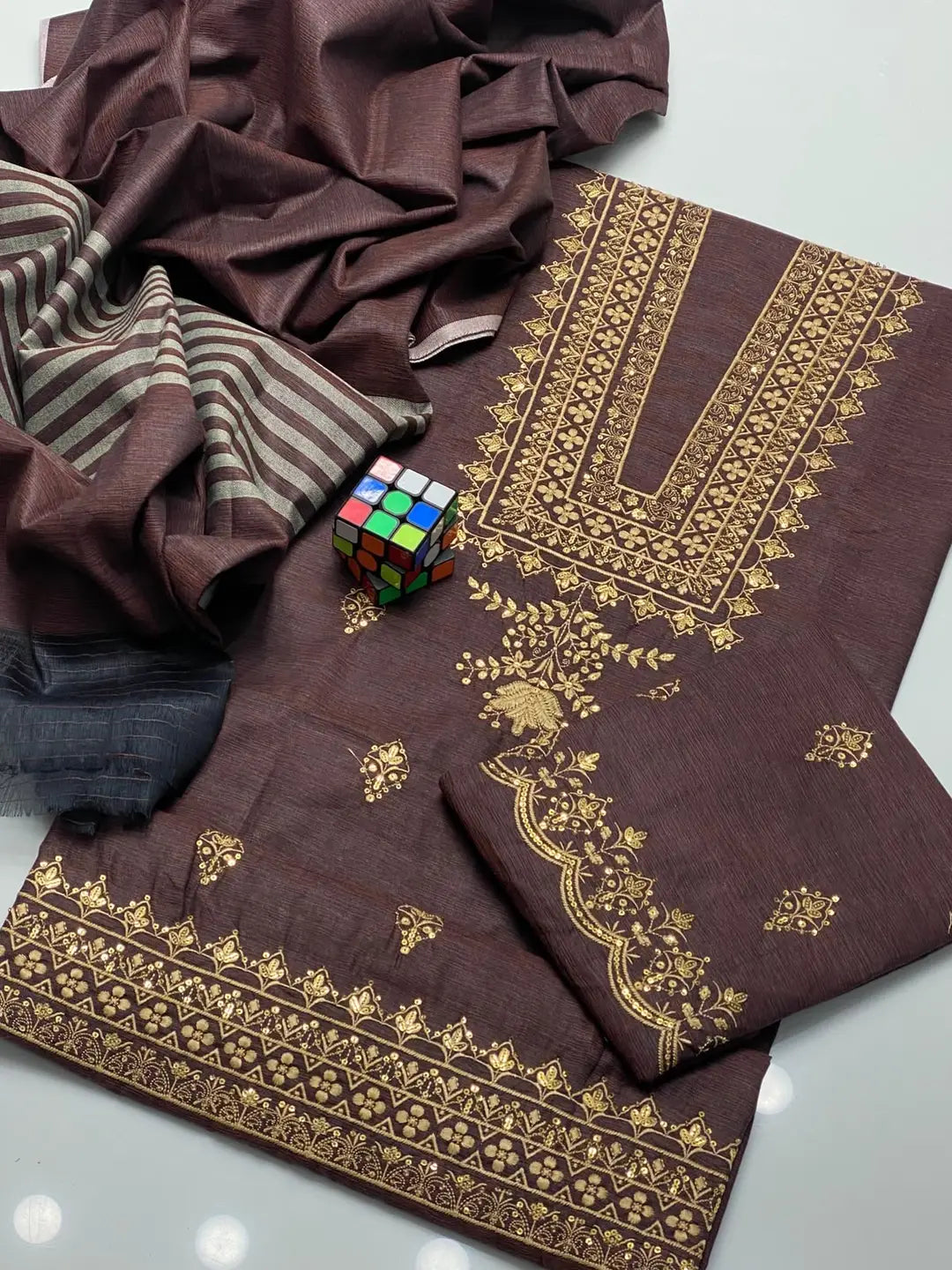 3 Pcs Women's Unstitched Sequins Embroidered Suit