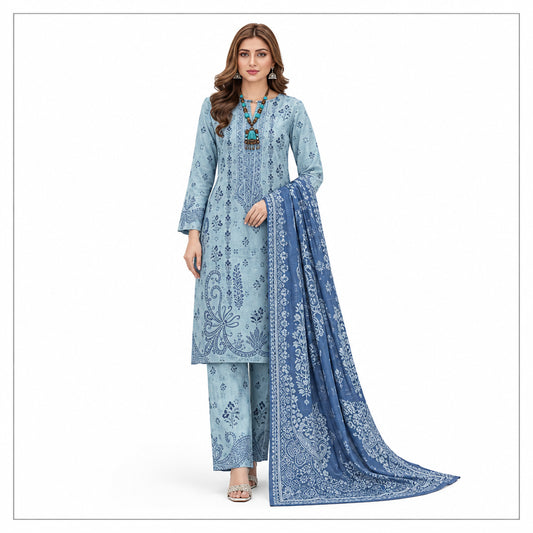 Blue Printed Khaddar 3-Piece Suit for Women