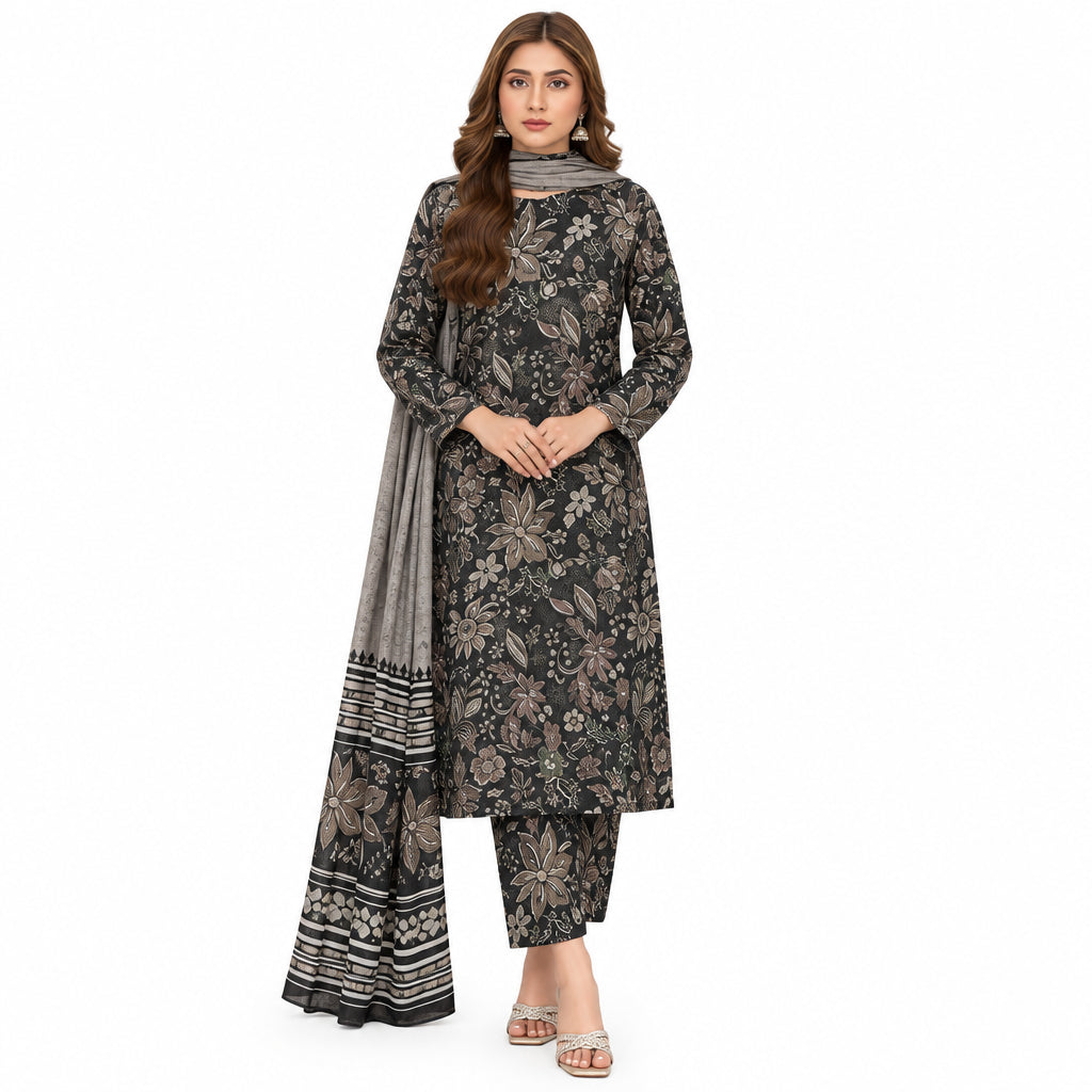 3 Piece Printed Khaddar Suit Black for Women