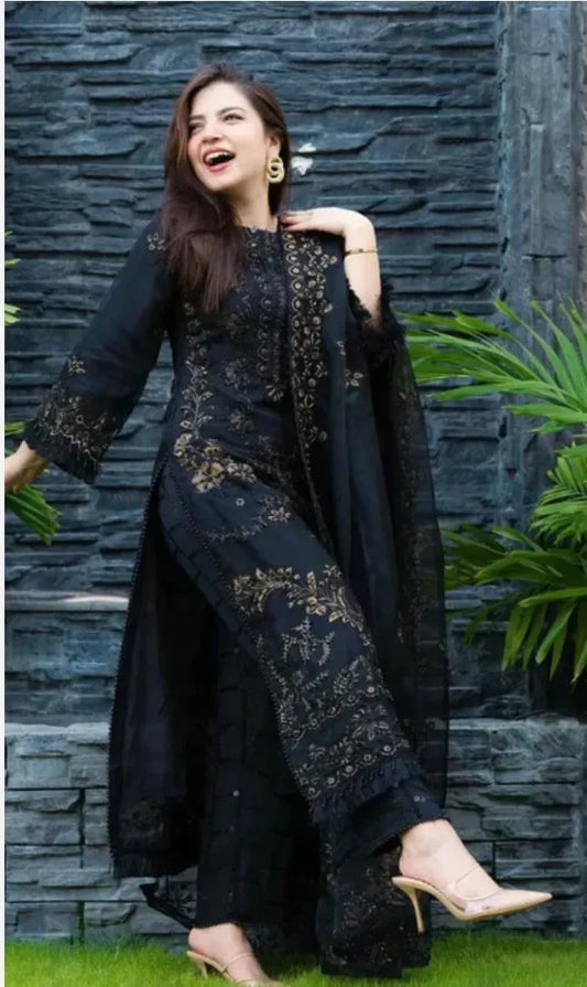 Black Embroidered 3-Piece Lawn Suit for Women