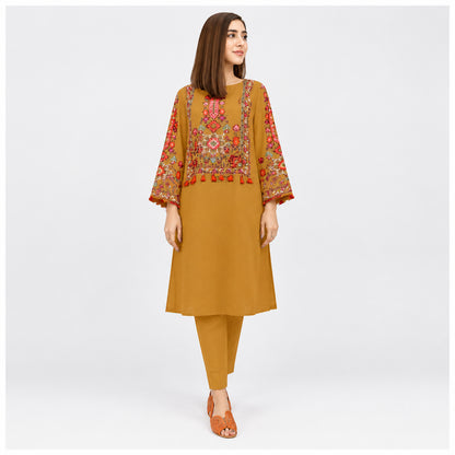 2 Pcs Women's Stitched Linen Embroidered Shirt And Trouser