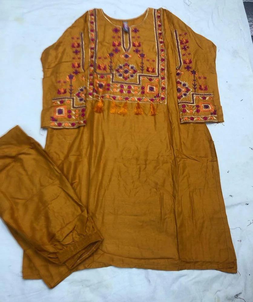 2 Pcs Women's Stitched Linen Embroidered Shirt And Trouser