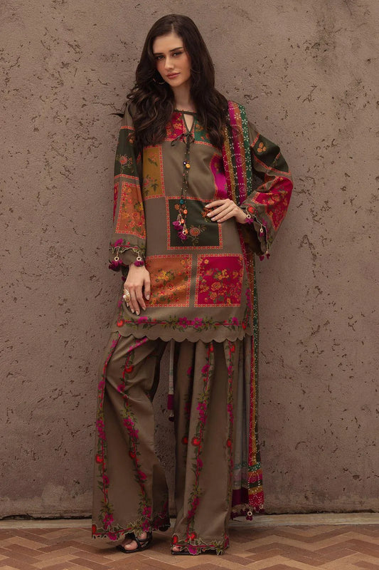 3-Piece Printed Lawn Suit Brown Floral Eid Wear