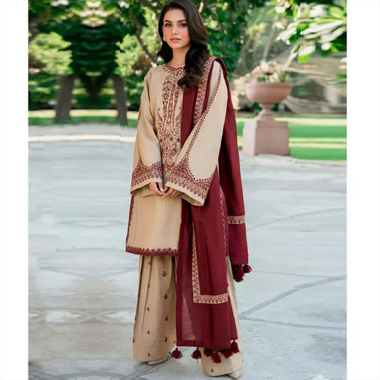 Eid Shaadi Suit Brown Lawn Embroidered 3-Piece Set