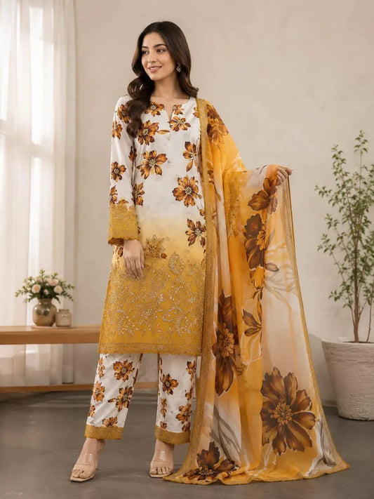 Orange Printed Lawn 3Pcs Women Suit Set