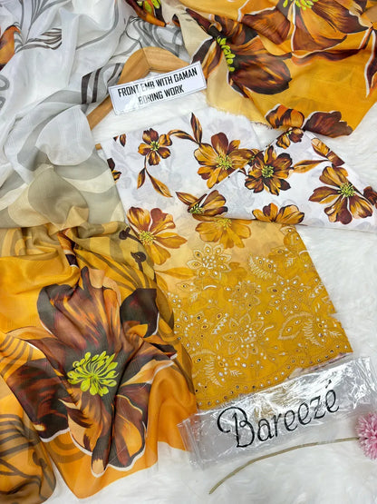 Orange Printed Lawn 3Pcs Women Suit Set
