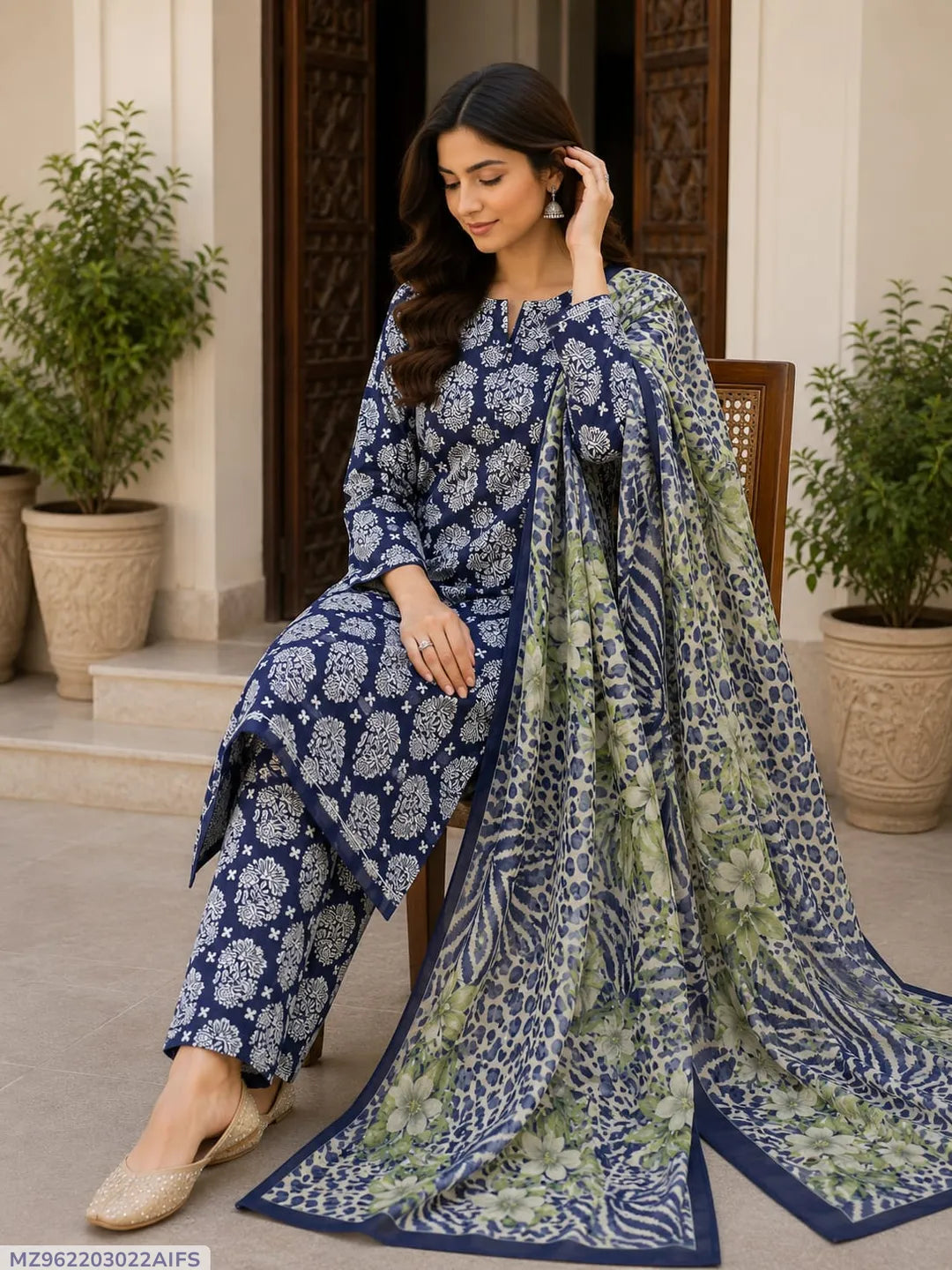 Blue Digital Print Lawn 3Pcs Suit for Women
