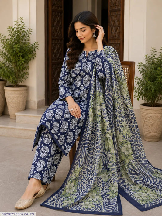 Blue Digital Print Lawn 3Pcs Suit for Women