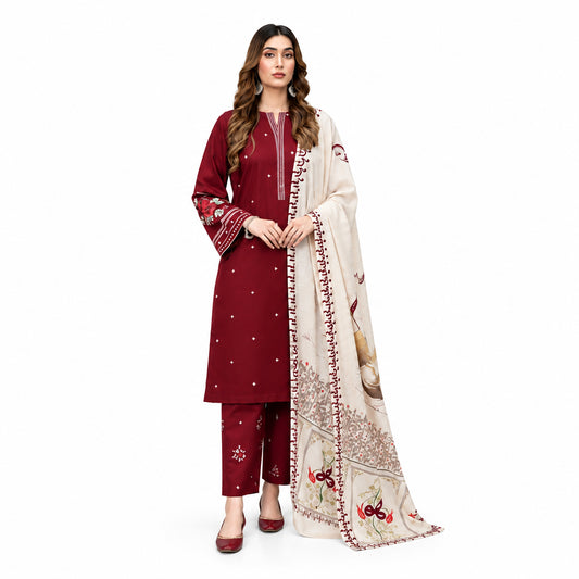 3 Pcs Women's Unstitched Embroidered Suit