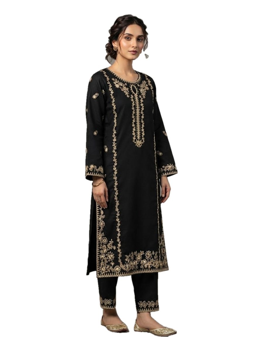 Black Gold Embroidered 2 Pcs Stitched Dhanak Suit