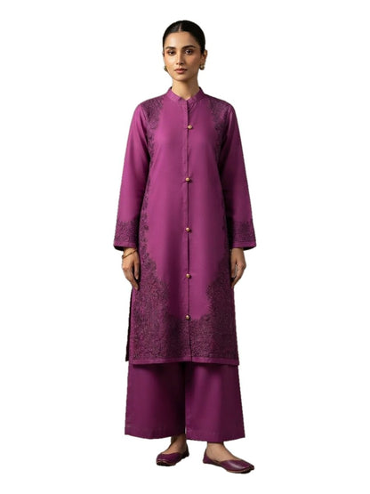 Magenta Button-Down Tonal Embroidered 2 Pcs Suit