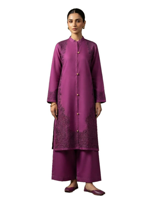 Magenta Button-Down Tonal Embroidered 2 Pcs Suit