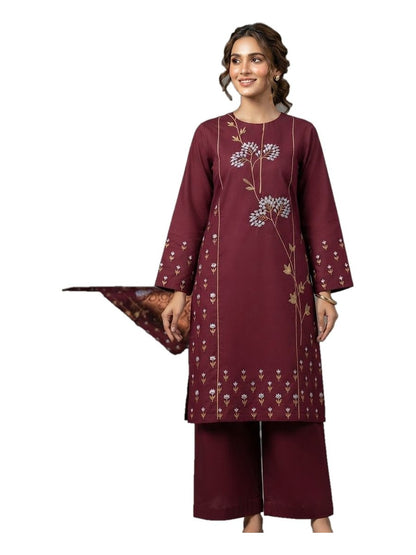 Maroon Floral Stem Embroidered 2 Pcs Stitched Suit