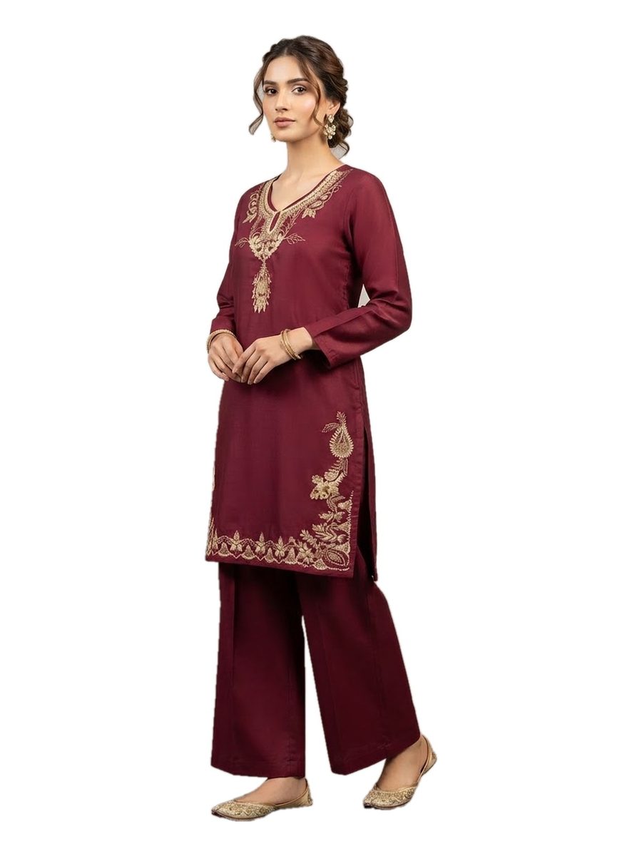 Maroon Gold Embroidered 2 Pcs Stitched Dhanak Suit