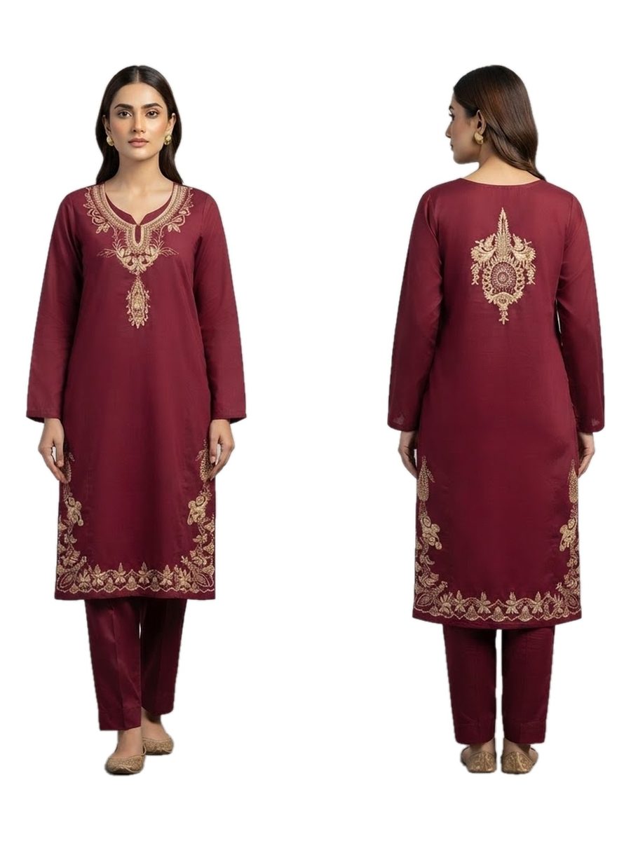 Maroon Gold Embroidered 2 Pcs Stitched Dhanak Suit