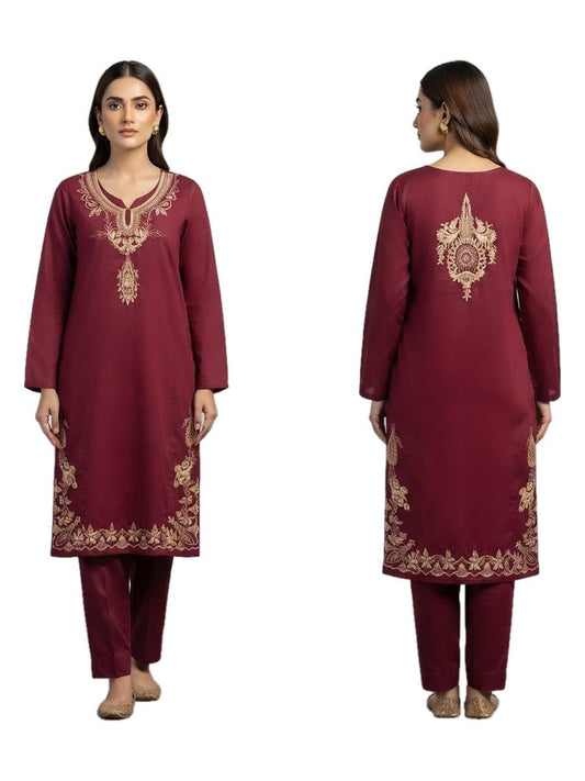Maroon Gold Embroidered 2 Pcs Stitched Dhanak Suit