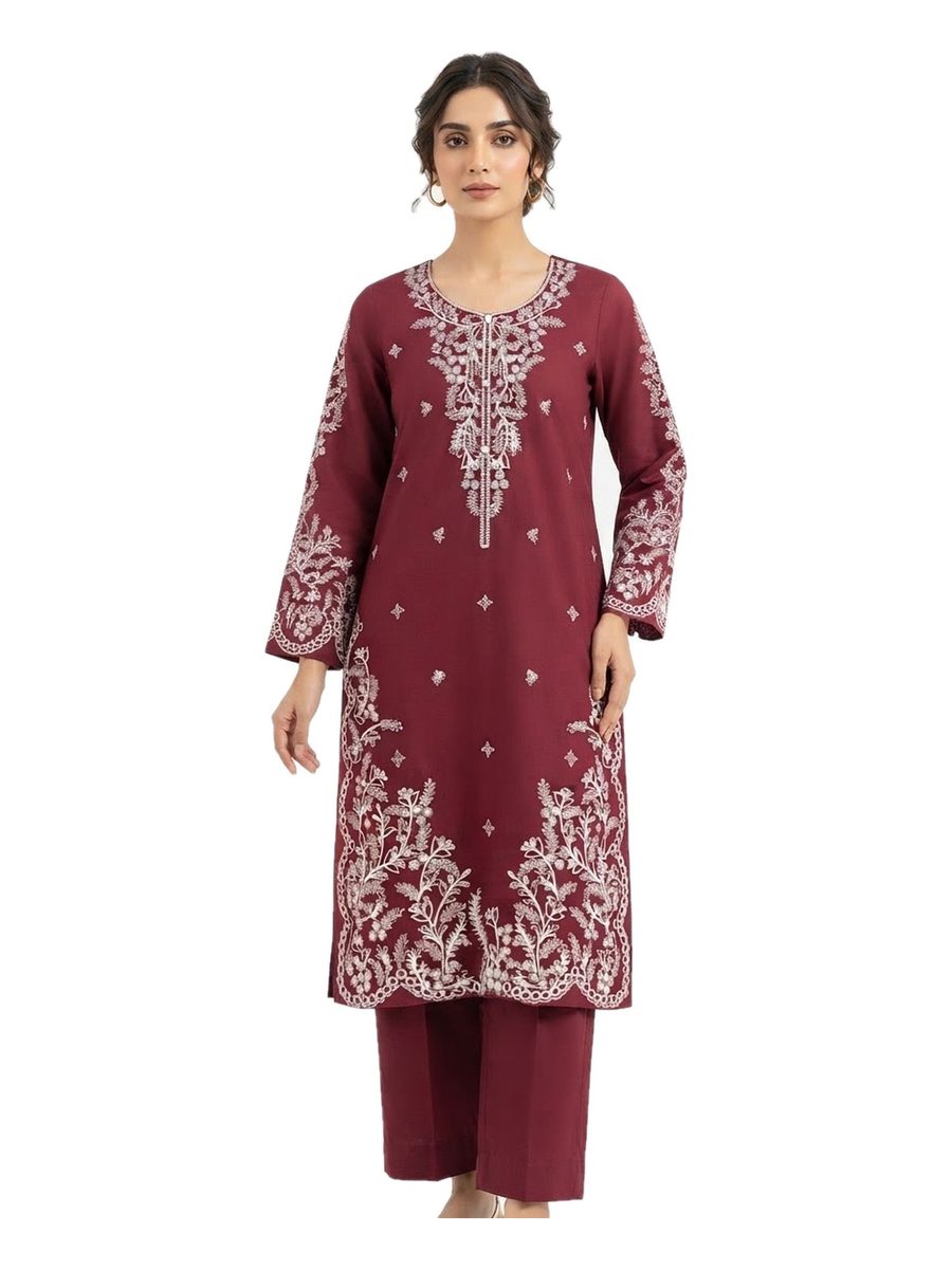 Maroon White Embroidered 2 Pcs Stitched Dhanak Suit