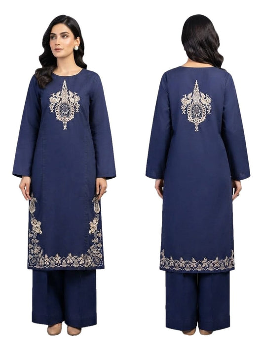 Navy Blue Paisley Embroidered 2 Pcs Stitched Dhanak Suit