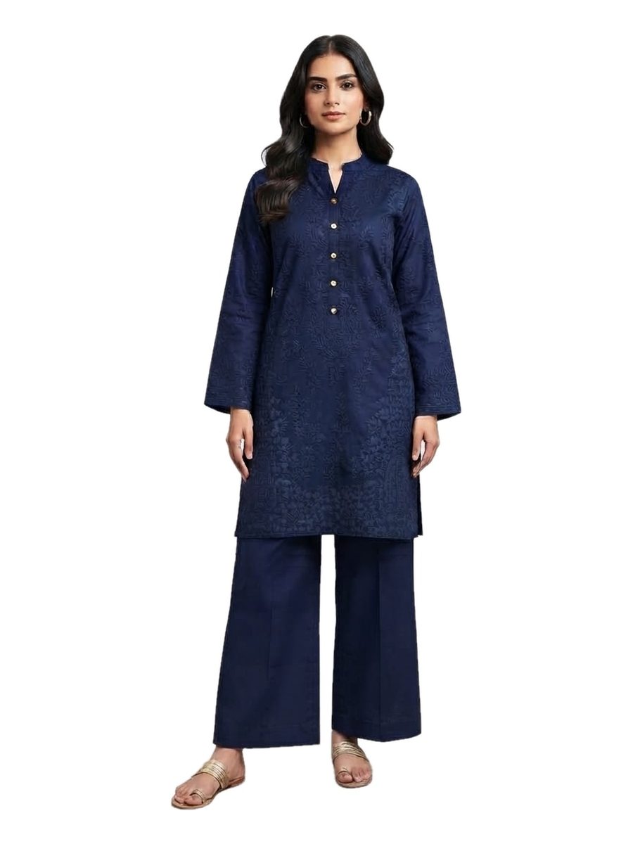 Navy Blue Button-Down Tonal Embroidered 2 Pcs Suit
