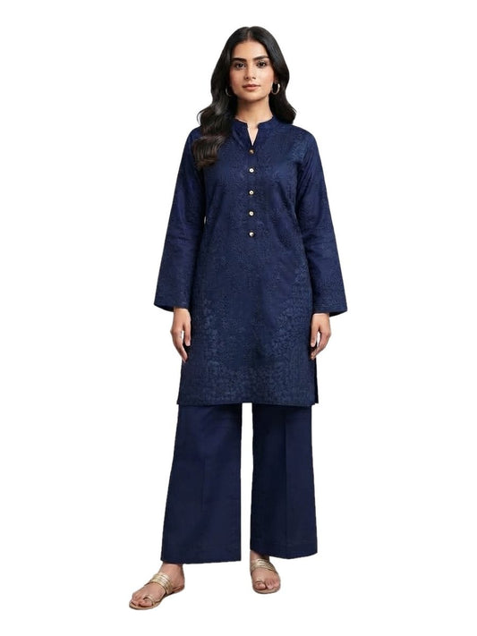 Navy Blue Button-Down Tonal Embroidered 2 Pcs Suit