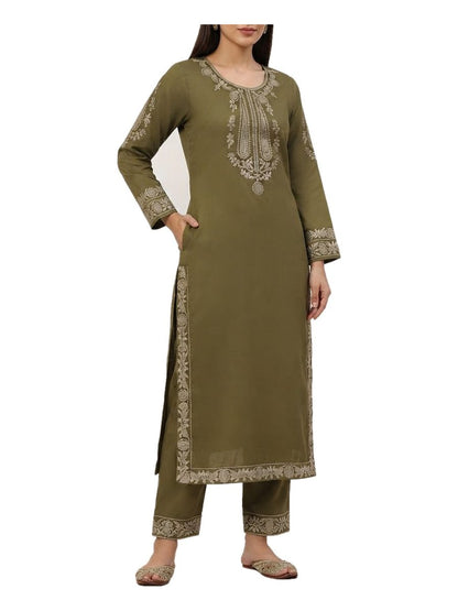 Olive Green White Embroidered 2 Pcs Stitched Suit