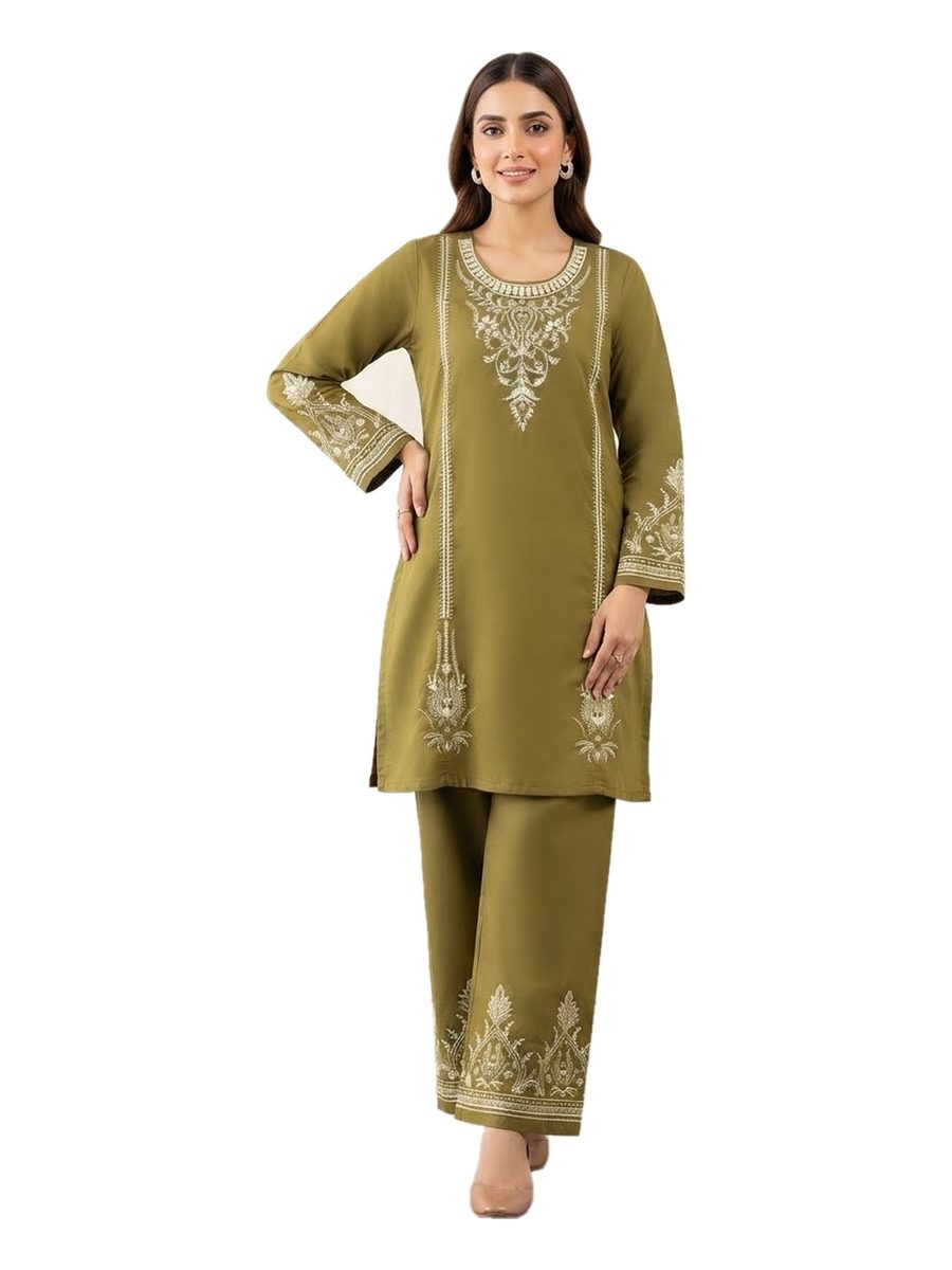 Olive Green White Embroidered 2 Pcs Stitched Suit