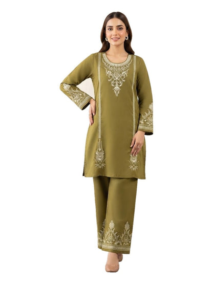 Olive Green White Embroidered 2 Pcs Stitched Suit