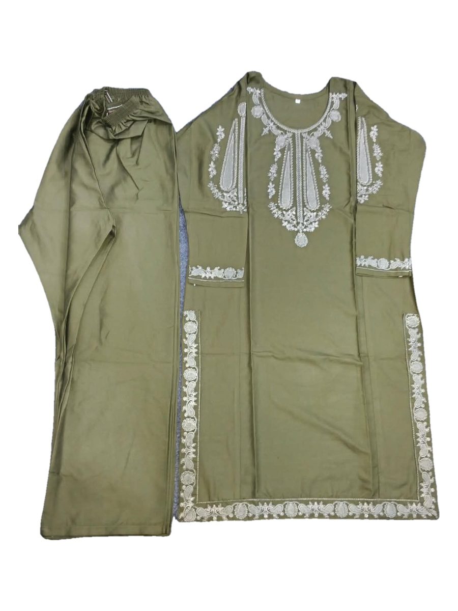 Olive Green White Embroidered 2 Pcs Stitched Suit