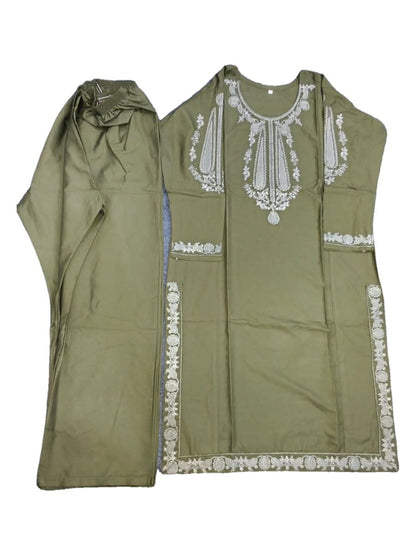 Olive Green White Embroidered 2 Pcs Stitched Suit