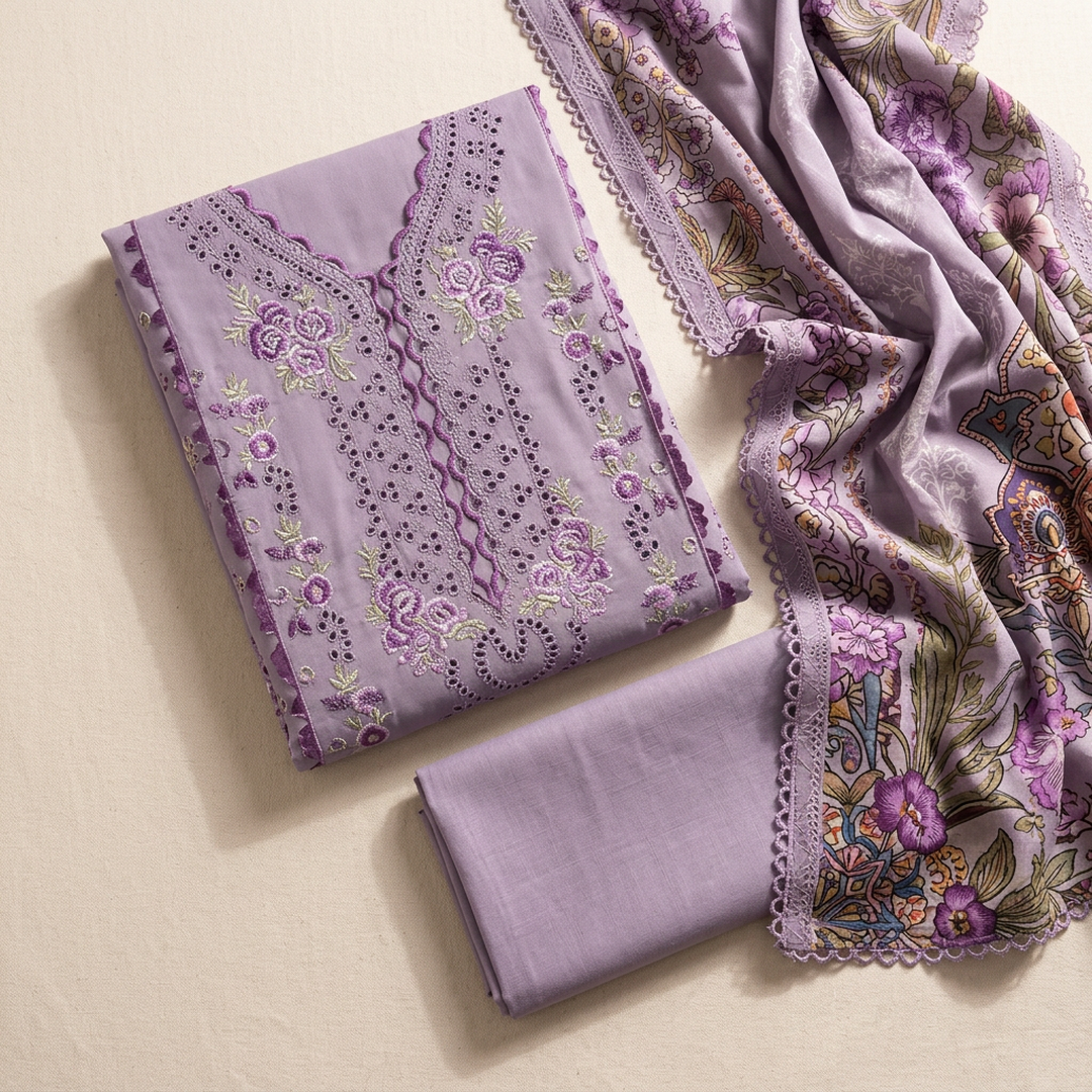 Lilac Embroidered 3-Piece Lawn Suit for Women