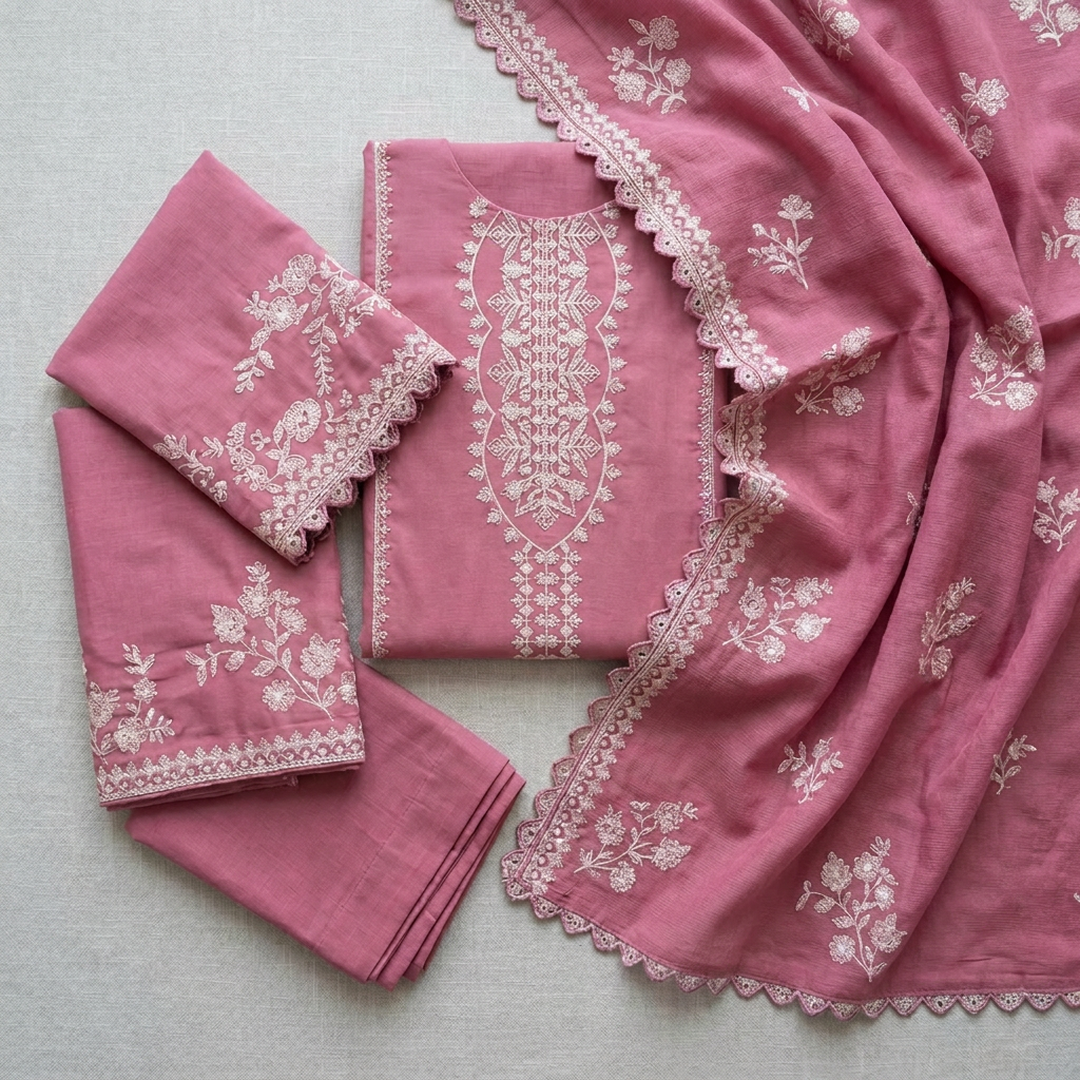 Pink Embroidered Lawn 3Pcs Set with Khaadi Dupatta