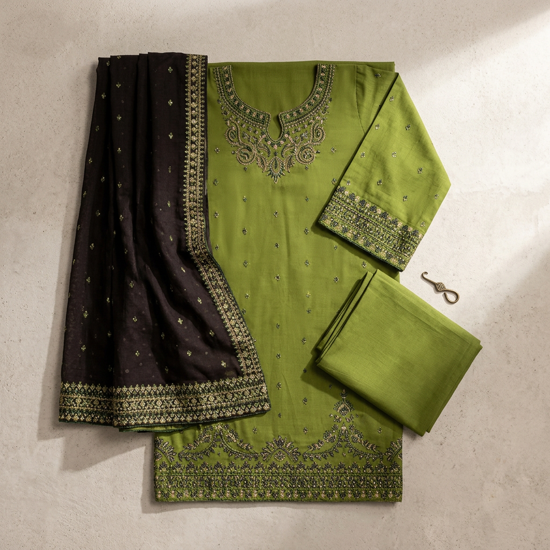 ALLHAMDULILLAH SUMMER COLLECTION BATIK Stuff: All Hameddulillah Summer Batik Suit Green Black Embroidered