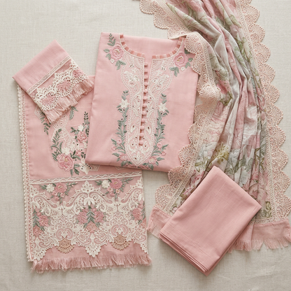 Pink Chikankari Lawn 3Pcs Suit with Digital Print Dupatta