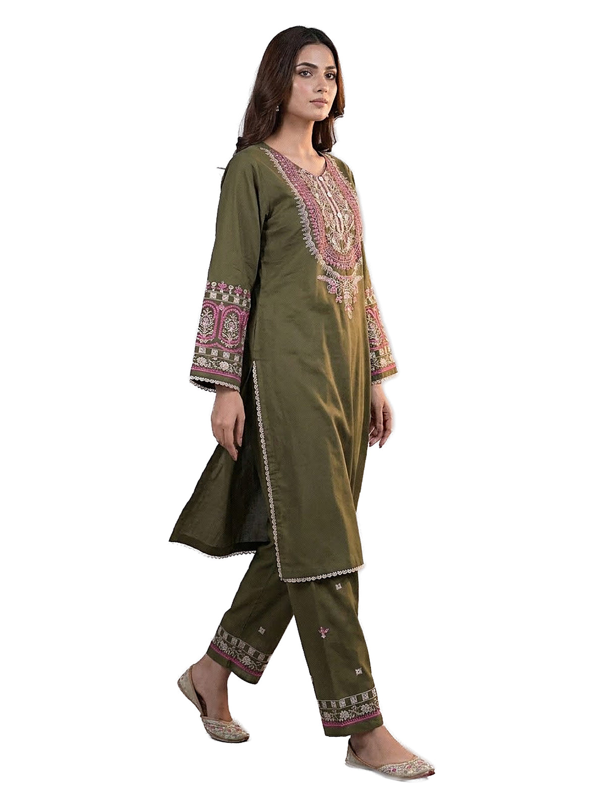 Olive Green Pink Embroidered Stitched Suit