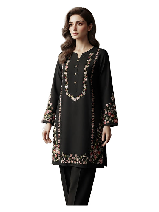 Black Floral Embroidered 2 Pcs Stitched Suit