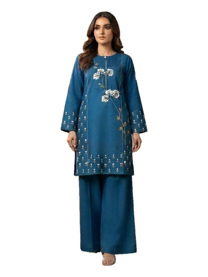 Teal Floral Embroidered 2 Pcs Stitched Dhanak Suit